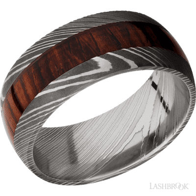 Lashbrook 9 Mm Wide/Domed/Damascus Band With One 4 Mm Centered Inlay Of Cocobolo