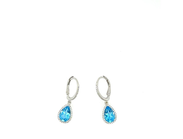 14K White Gold Blue Topaz and Diamond Halo Drop Earrings