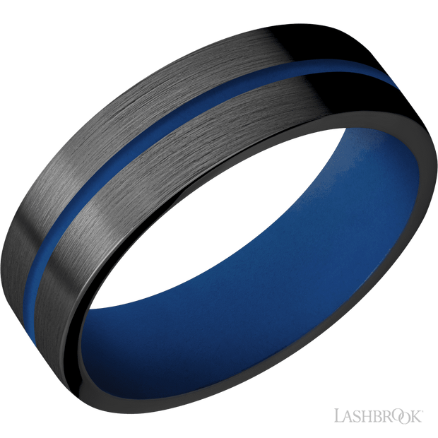 Lashbrook 7 Mm Wide/Flat/Zirconium Band With One 1 Mm Centered Inlay Of Royal Blue Also Featuring A Royal Blue Sleeve. Finish Satin.