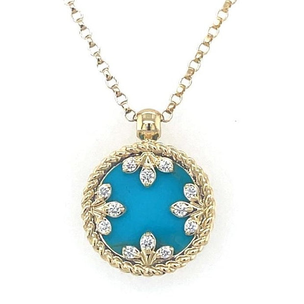 18K YELLOW GOLD VENETIAN MEDALLIONS SMALL DIAMOND AND TURQUOISE NECKLACE