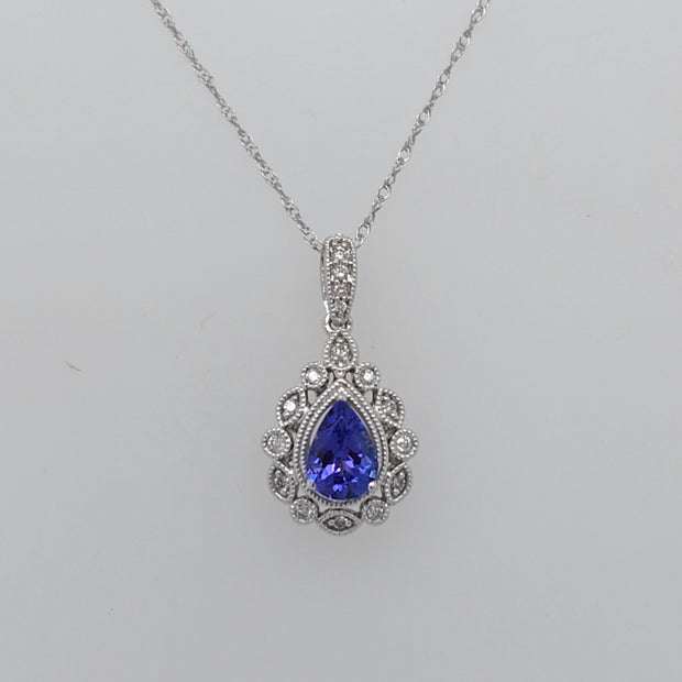 14K White Gold Tanzanite Diamond Filigree Pendant