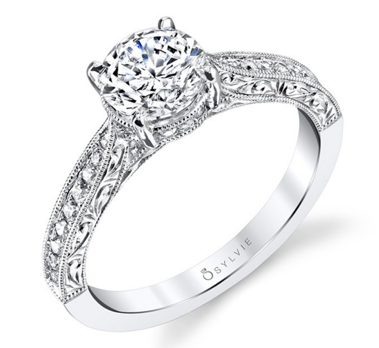 14k White Gold Sylvie Collection Engraved Diamond Engagement  Ring
