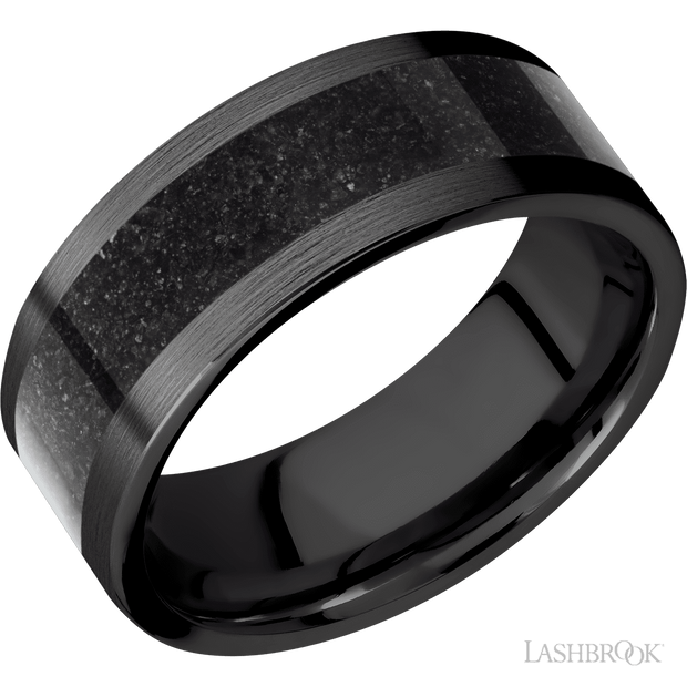 Lashbrook 8 Mm Wide/Flat/Zirconium Band With One 5 Mm Centered Inlay Of Dinosaur Bone Black. Finish Satin.