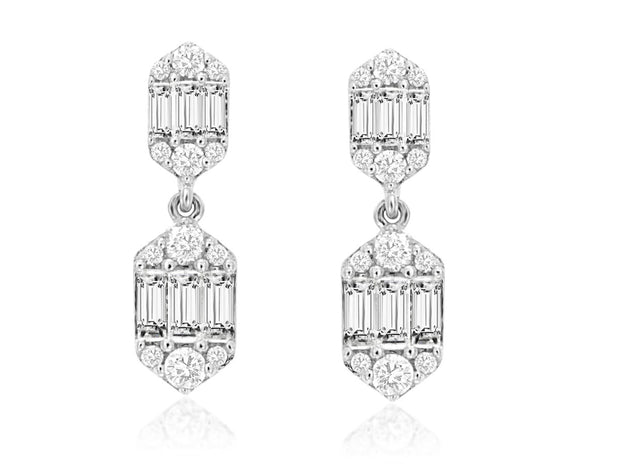 14K White Gold Diamond Drop Earrings Featuring Round And Baguette Diamonds