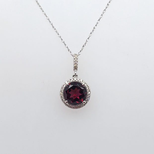 14K White Gold Rhodolite Garnet Diamond Halo Pendant