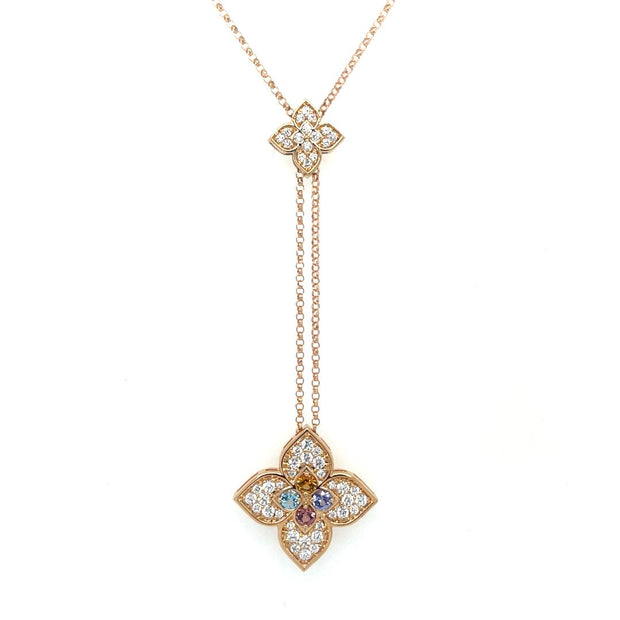 Roberto Coin 18K ROSE GOLD VENETIAN PRINCESS CARNIVAL PAVE DIAMOND & MIXED STONES DOUBLE FLOWER LARIAT NECKLACE