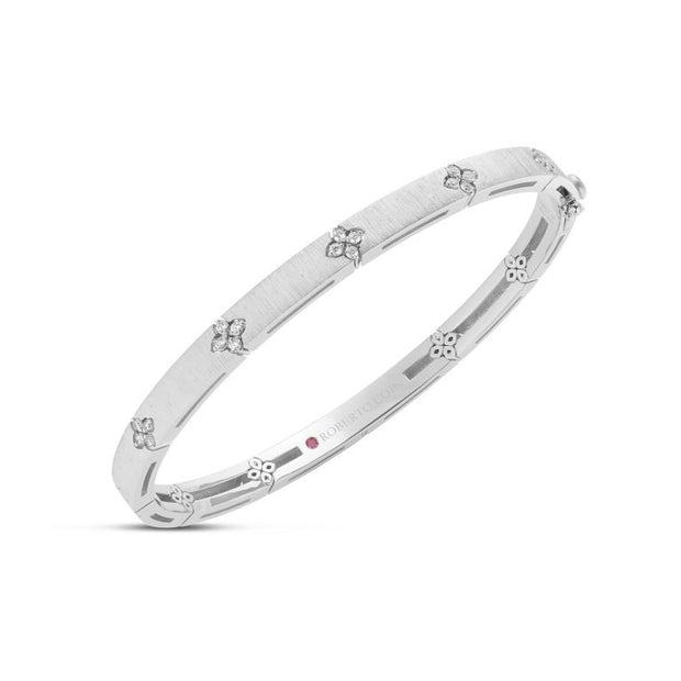 Roberto Coin 18K WHITE GOLD LOVE IN VERONA NARROW WIDTH DIAMOND ACCENT & SATIN FINISH BANGLE