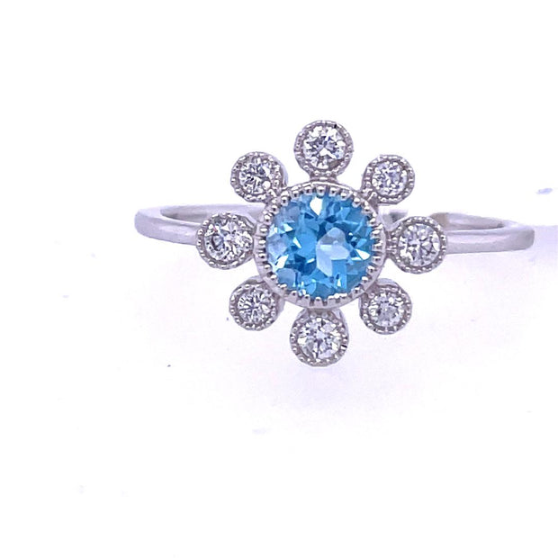 14K White Gold Blue Topaz and Diamond Ring