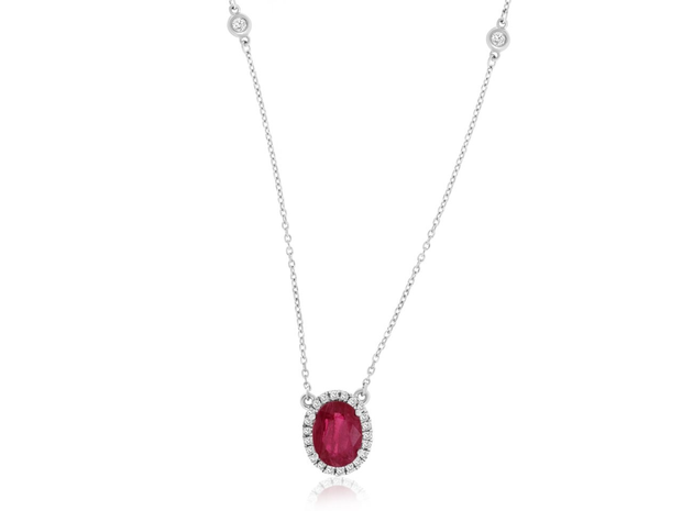 14K White Gold Ruby and Diamond Halo Necklace