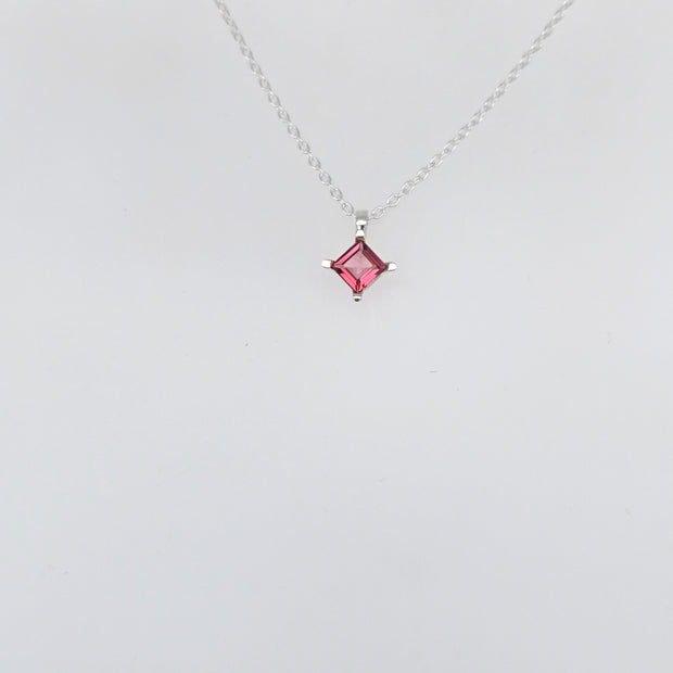 Sterling Silver 4.5x4.5MM Princess Shaped Pink Tourmaline Prong Set Pendant