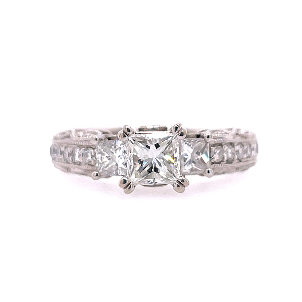 14K White Gold Three Stone Princess Cut Diamond Engagement Ring