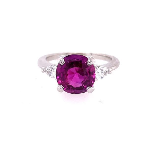 14K White Gold Ring Featuring 3.92CT Lab Grown Pink Sapphire With 2 Lab Grown Pear Shape Diamonds For A Total Of .25CT