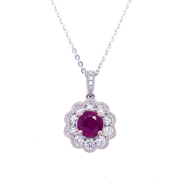 18K White Gold Diamond and Ruby Pendant