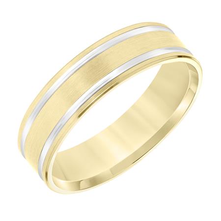 14K Yellow Gold Comfort Fit Goldman Luxe Wedding Band Featuring Two Rhodium Channels Flanking Either Side Of Band