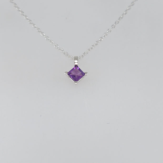 Sterling Silver 4.5x4.5MM Princess Shaped Amethyst Prong Set Pendan