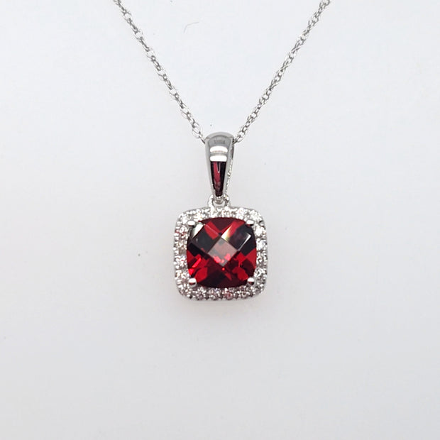 14K White Gold Garnet Diamond Halo Pendant
