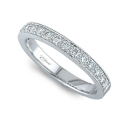 14K White Gold Part Way Around Round Diamond Wedding Band With Milgrain Detail