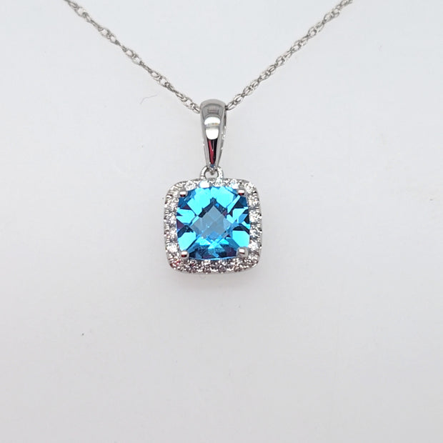 14K White Gold Blue Topaz Diamond Halo Pendant