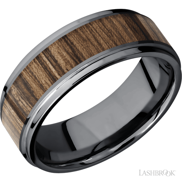 Lashbrook 8 Mm Wide/Flat Grooved Edges/Tantalum Band With One 5 Mm Centered Inlay Of Walnut. Finish Polish.