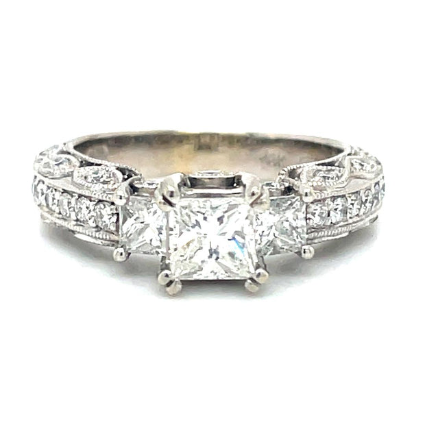14K White Gold Three Stone Princess Cut Diamond Engagement Ring