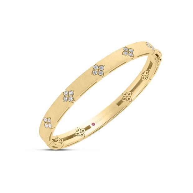 ROBERTO COIN 18K YELLOW GOLD LOVE IN VERONA MEDIUM WIDTH DIAMOND ACCENT & SATIN FINISH BANGLE