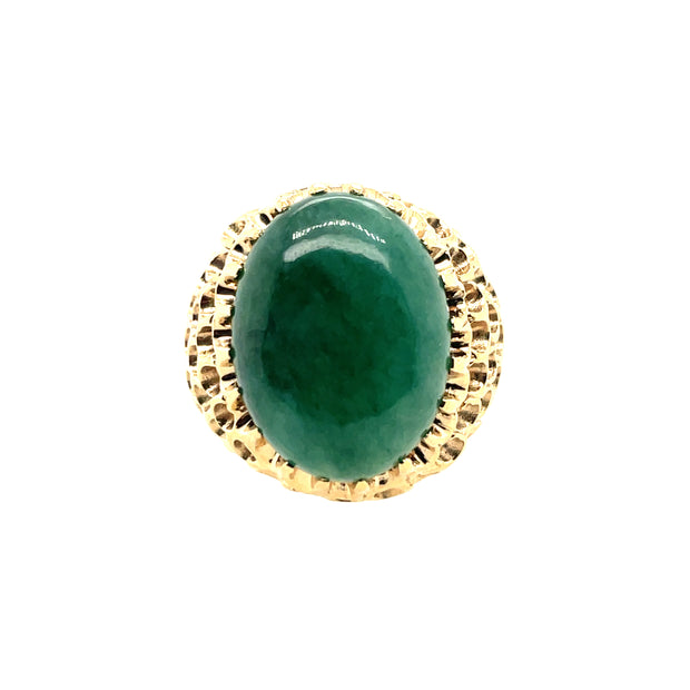 14K Yellow Gold Estate Ring Featuring Center Large Jade Cabochon And Unique Scale Detail