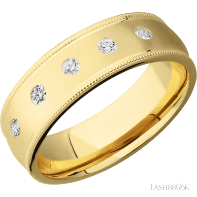 Lashbrook 7 Mm Wide/Domed Milgrain Edges/14K Yellow Gold Band With An Arrangement Of 5 .05 Carat Round Diamonds