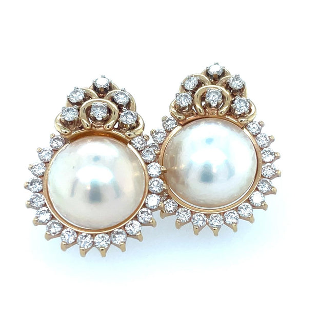 Estate Pearl and Diamond Omega Earrings