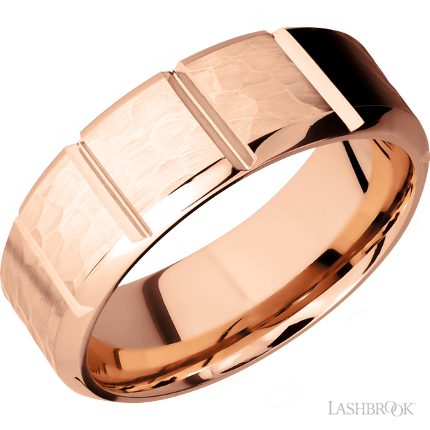 Lashbrook 8 Mm Wide/High Bevel/14K Rose Gold Band With A Machined Deepseg Pattern. First Finish Hammer. Second Finish Polish.