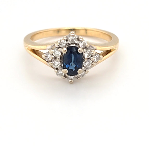 Estate 14K Two- Tone Yellow- White Gold Diamond Sapphire Ring