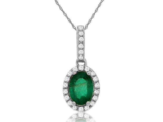 14K White Gold Private Label Emerald With Diamond Halo Necklace