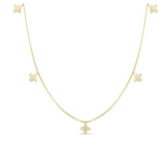 Roberto Coin 18K YELLOW GOLD LOVE BY THE INCH DANGLING 5 STATION DIAMOND FLOWER NECKLACE