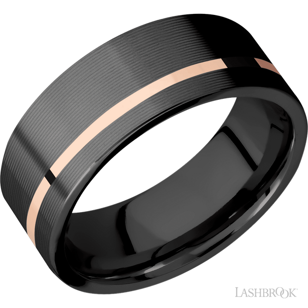 8 Mm Wide/Flat/Zirconium Band With One 1 Mm Off Center Inlay Of 14K Rose Gold