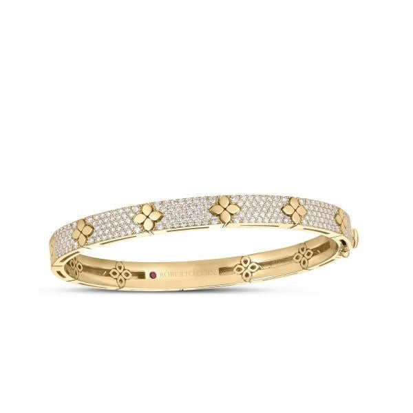 ROBERTO COIN 18K YELLOW GOLD LOVE IN VERONA PAVE DIAMOND & POLISHED FLOWER BANGLE