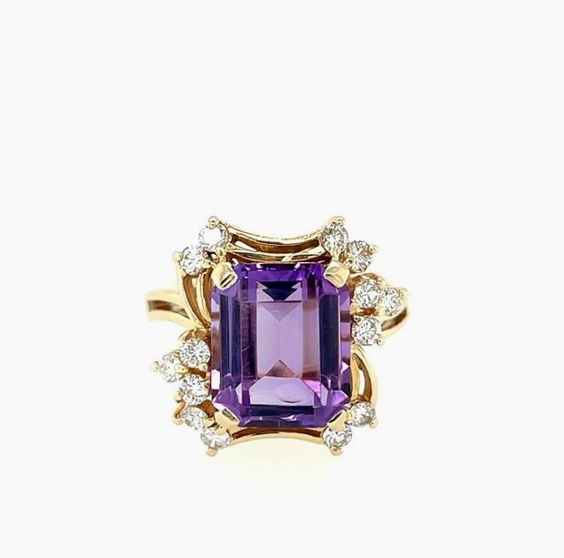 Estate 14K Yellow Gold Amethyst & Diamond Ring