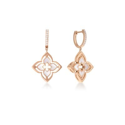Roberto Coin 18K ROSE GOLD VENETIAN PRINCESS PIROUETTE PAVE DIAMOND & MOTHER OF PEARL SMALL FLOWER DROP EARRINGS