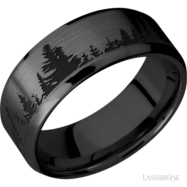 Lashbrook 8 Mm Wide/Beveled/Zirconium Band With A Laser Carved Trees Pattern. First Finish Satin. Second Finish Polish.