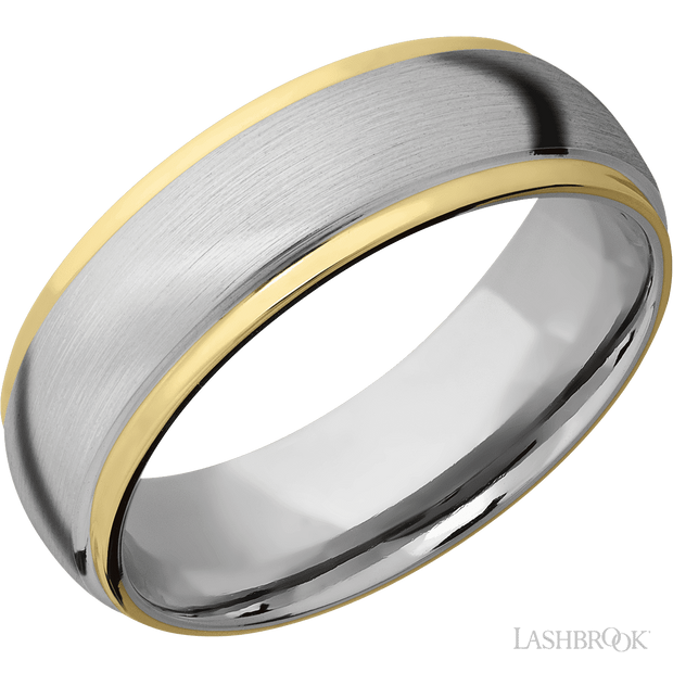 Lashbrook 7 Mm Wide/Domed Stepped Down Edges/14K White Gold Band With Two 1 Mm Edge Inlays Of 14K Yellow Gold