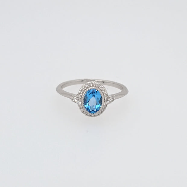 14K White Gold Blue Topaz And Diamond Ring