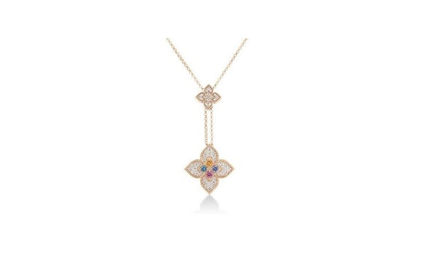 Roberto Coin 18K ROSE GOLD VENETIAN PRINCESS CARNIVAL PAVE DIAMOND & MIXED STONES DOUBLE FLOWER LARIAT NECKLACE