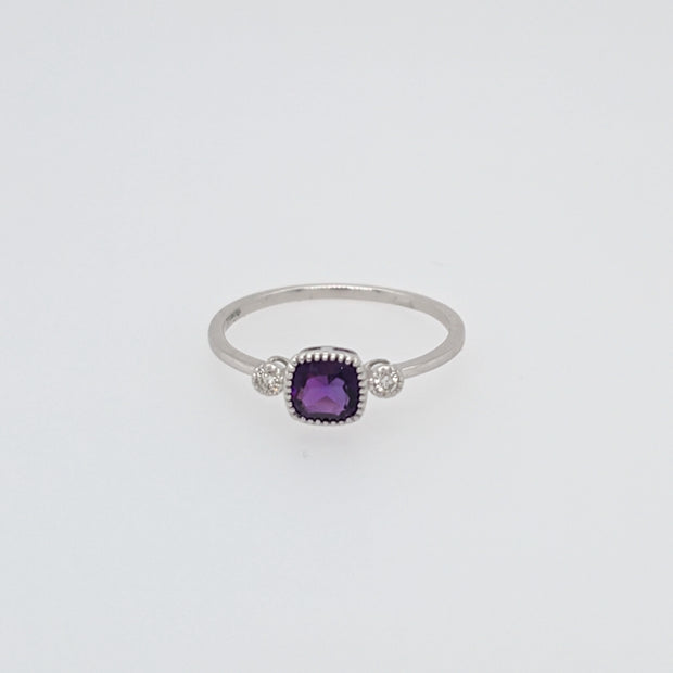 14K White Gold Three Stone Amethyst And Diamond Bezel Set Ring