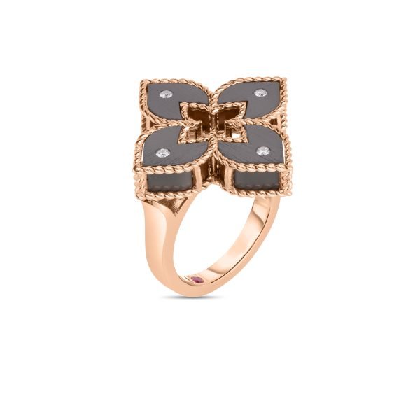 Roberto Coin 18K ROSE GOLD VENETIAN PRINCESS DIAMOND & GRAY TITANIUM SMALL FLOWER RING