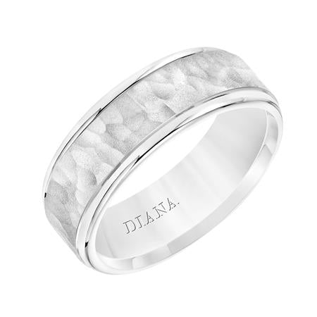 14K White Gold Comfort Fit Goldman Luxe Wedding Band Featuring Hammered Finish And Rolled Edge
