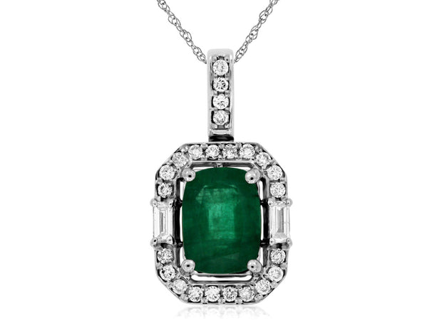 14K White Gold Emerald and Diamond Pendant