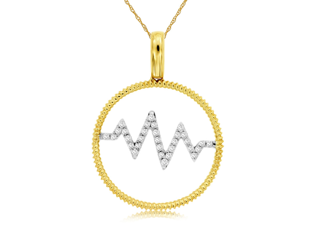 14K Yellow Gold Diamond Circle Heartbeat Pendant