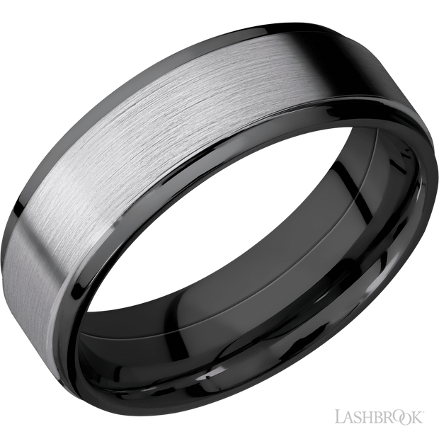 7 Mm Wide/Flat Grooved Edges/Zirconium Band With One 5 Mm Raised Centered Inlay Of Tantalum
