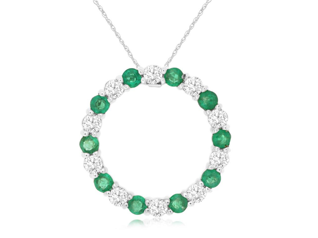 14K White Gold Emerald And Diamond Circle Pendant