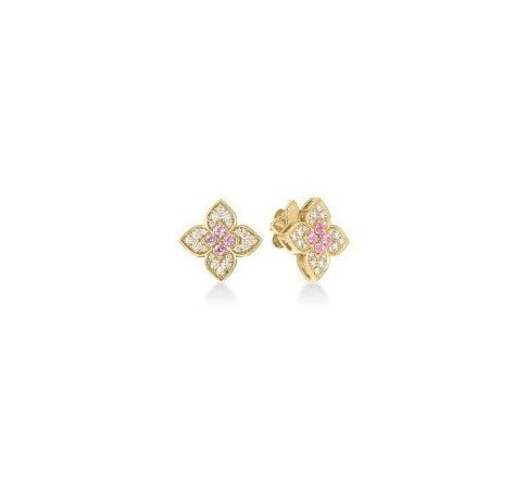 Roberto Coin 18K YELLOW GOLD VENETIAN PRINCESS CARNIVAL DIAMOND & RUBELLITE MEDIUM FLOWER STUD EARRINGS