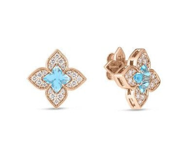 18K ROSE GOLD VENETIAN PRINCESS CARNIVAL PAVE DIAMOND & BLUE TOPAZ SMALL FLOWER STUD EARRINGS