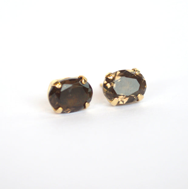 Gold Filled Oval Smokey Quartz Stud Earrings